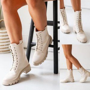 NEW Laced Up Lug Sole Zipper Back Faux Leather Combat Boots Booties Stone Ivory